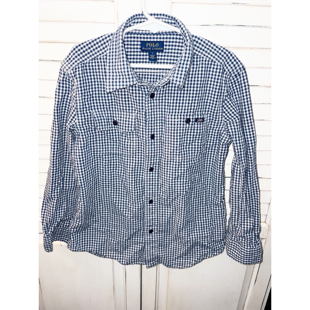 Polo Ralph Lauren Boys Long Sleeve Button Front Shirt Size 7 Blue Gingham Plaid